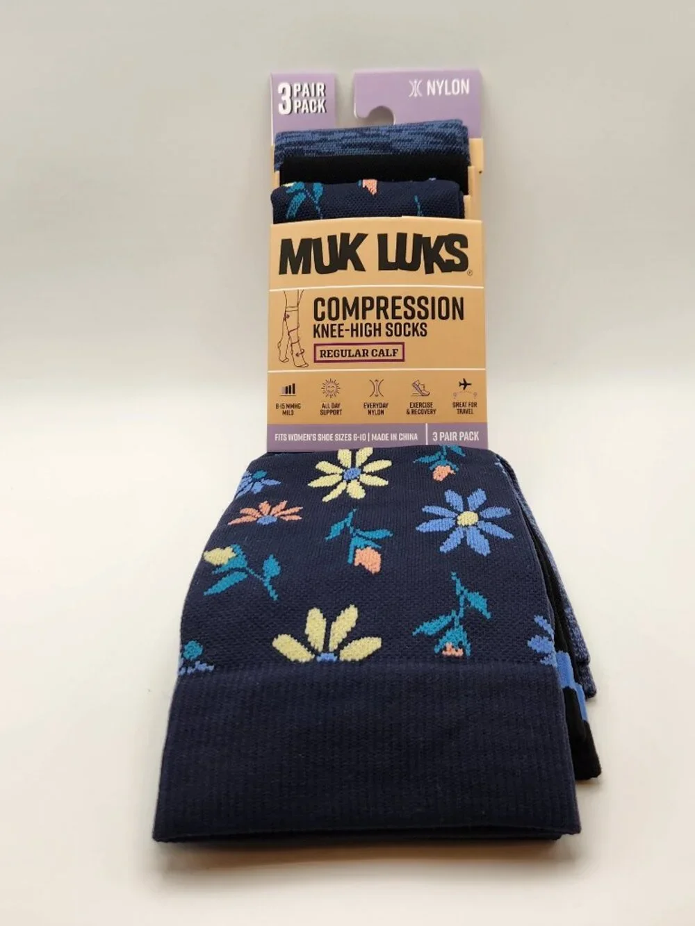 Muk Luks compression knee high socks three pair pack navy floral NIP